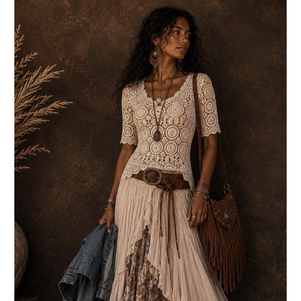 Vintage 70s Hand Crocheted Boho Crochet Top Cream Floral Lace Festival Hippie M